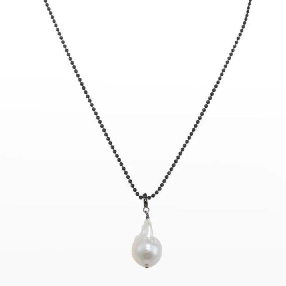 White Baroque Pearl Necklace with Black Spinel Ring, 18"L - Margo Morrison